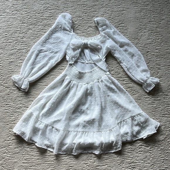 EXLURA Women‘s Tie Back Swiss Dot Square Neck Ruched Long Sleeve Ruffle Dress - Picture 8 of 11